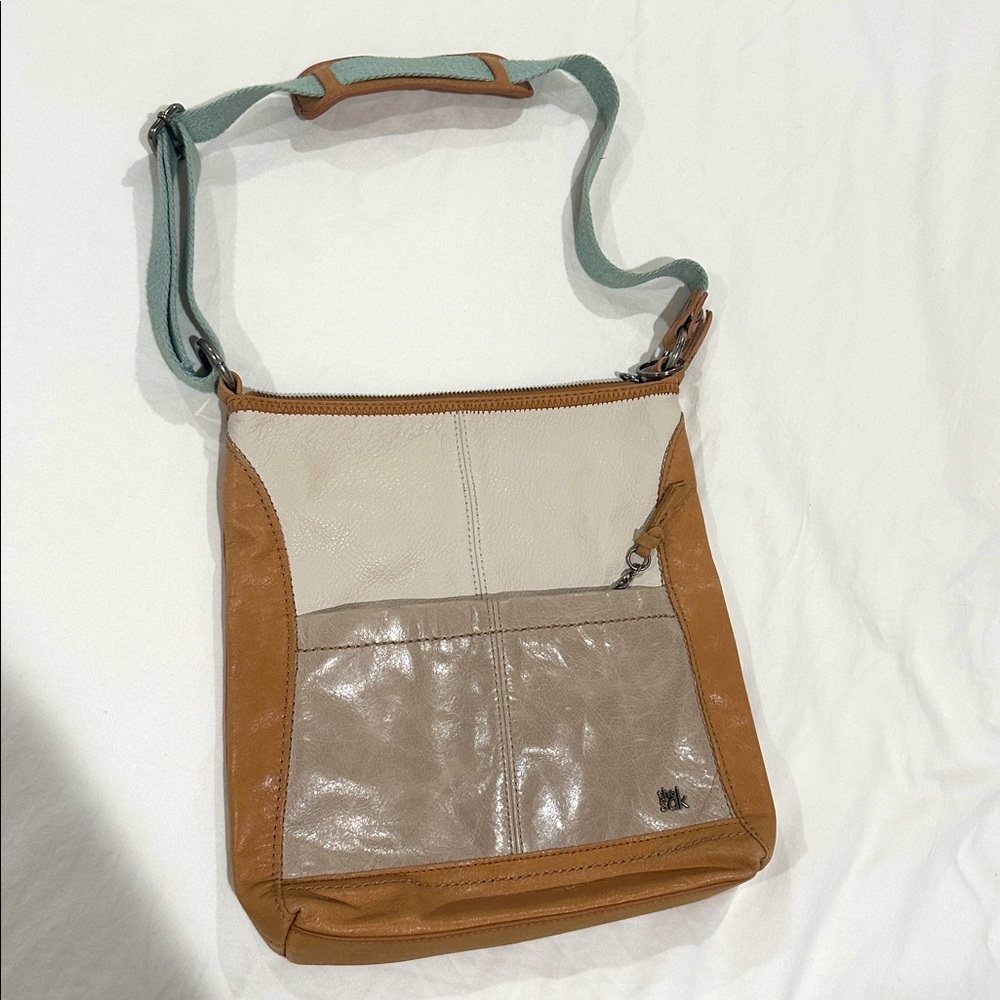 THE SAK genuine leather tri color crossbody bag neutral tan beige taupe NWOT